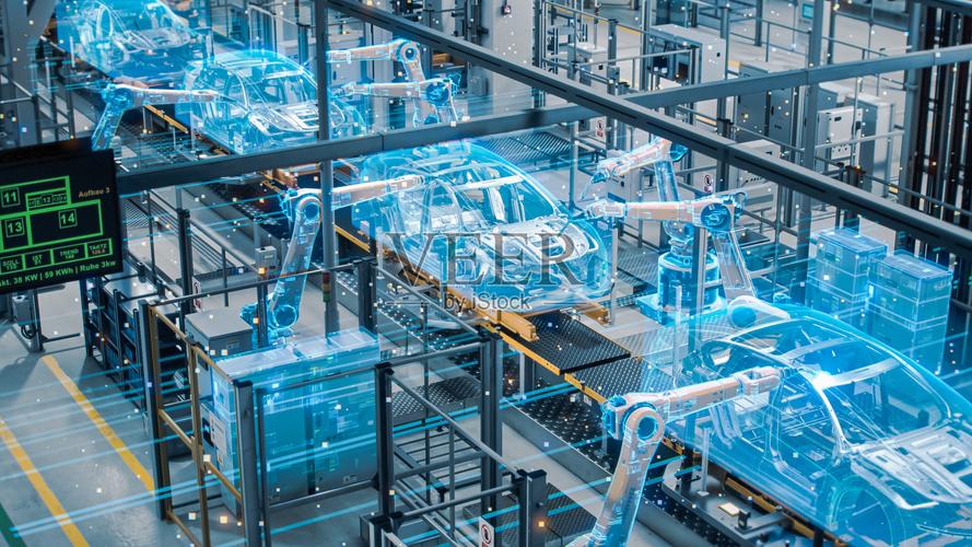 汽车工厂数字化工业4.0理念:自动化机器人手臂装配线制造高科技绿色能